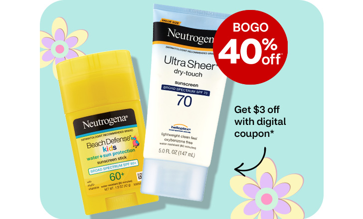 Buy 1, get 1 40% off. Pague $3 menos con un cupón digital. Neutrogena Beach Defense Kids sunscreen stick and Neutrogena Ultra Sheer dry-touch sunscreen against a pastel green background with pastel-colored flowers