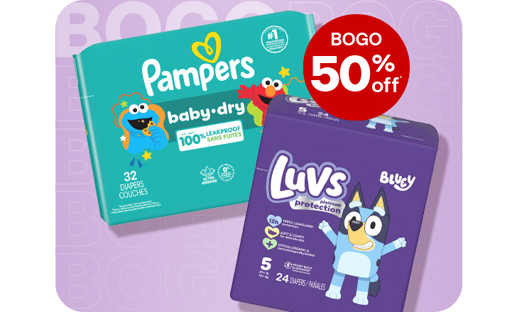 Buy 1, get 1 50% off. Pampers and Luvs diapers.