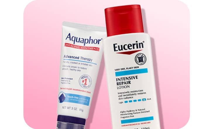 A tube of Aquaphor Advanced Therapy cream and a bottle of Eucerin Intensive Repair lotion.