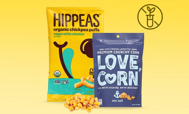 Hippeas organic chickpea puffs, Love, Corn crunchy corn snacks, non-GMO foods icon
