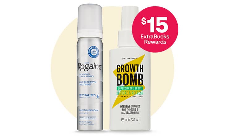 $15 ExtraBucks Rewards, Rogaine and Growth Bomb hair regrowth products.