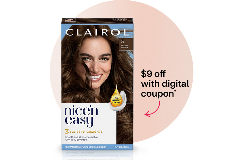 Clairol Nice’n Easy hair color. $9 off with digital coupon.