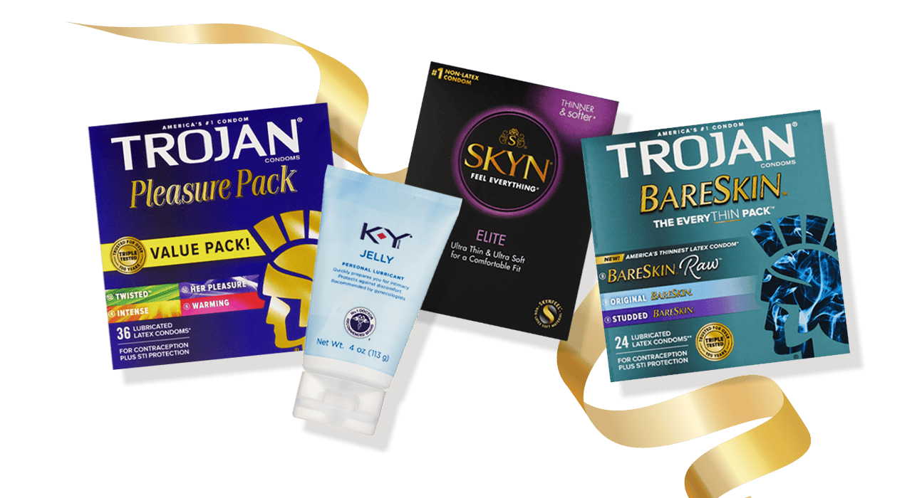 Trojan Pleasure Pack, Skyn and Trojan BareSkin condoms and K-Y Jelly personal lubricant.