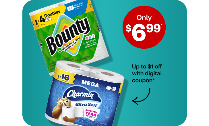 Only $6.99. Up to $1 off with digital coupon. Bounty paper towels and Mega Charmin toilet paper.