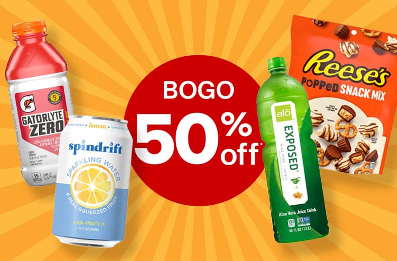 Buy one, get one 50 percent off, spindrift sparkling water, Gatorlyte Zero, alo Exposed aloe vera juice drink and Reese's Popped snack mix.