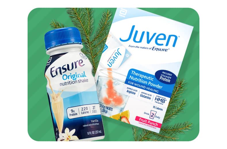 A bottle of Ensure Original nutrition shake and a box of Juven Therapeutice Nutrition Powder packets.