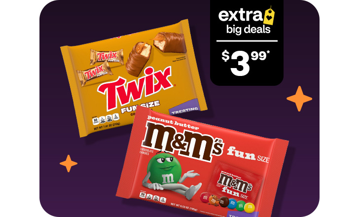 Extra Big Deals, $3.99. Twix and Peanut Butter M&M’s candy.