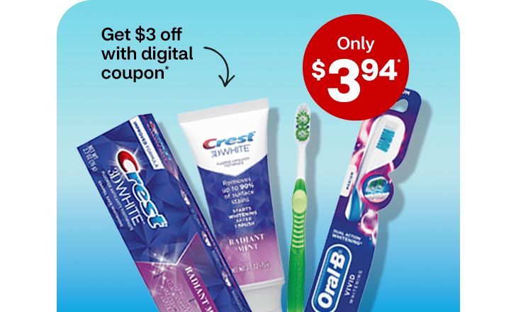 Get $3 off with digital coupon, only $3.94, Crest 3D White toothpaste and Oral-B toothbrush.