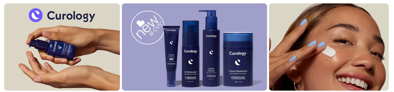 New at CVS®. Curology logo. People applying Curology products. Dark Spot Serum, Everyday Sunscreen, Gel Moisturizer, Gentle Cleanser and Cream Moisturizer.