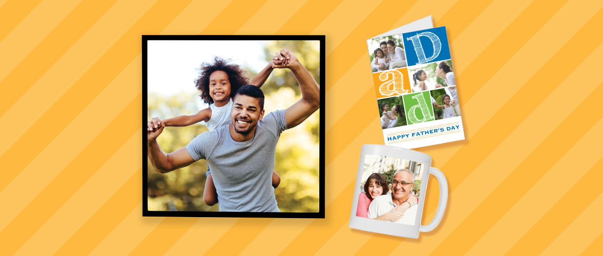 Personalized framed photo for Father's Day, a personalized Father's Day mug, a Father's Day card against a yellow striped background.
