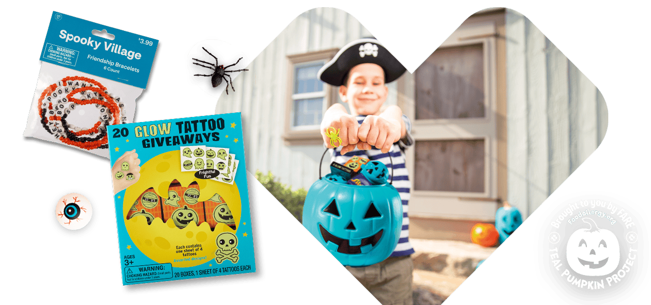 Spooky Village friendship bracelets, Glow Tattoo Giveaways, a child dressed as a pirate with a teal pumpkin bucket. Logo for Teal Pumpkin Project, brought to you by FARE, FoodAllergy.org