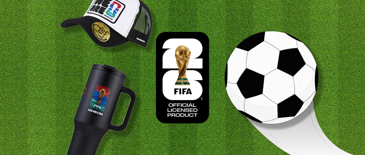 CVS and U.S. Soccer logos against a green soccer field background with the words "Official Partner of U.S. Soccer." A black travel tumbler with a FIFA World Cup trophy, soccer-themed Nerds candy, Tums, a soccer-themed hat and a soccer ball graphic