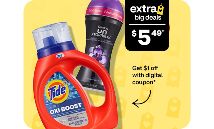 Extra Big Deals, $5.49. Pague $1 menos con un cupón digital. Downy Unstoppables and Tide Ultra Oxi Boost