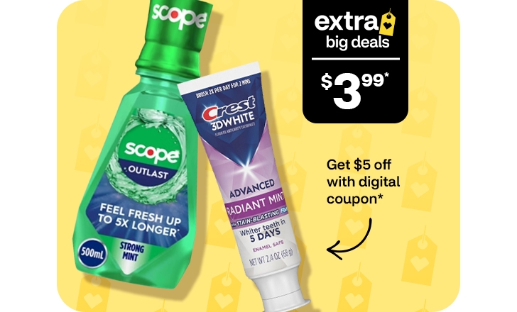 Extra Big Deals. $3.99. Pague $5 menos con un cupón digital. Scope Outlast mouthwash and Crest 3-D White Radiant Mint toothpaste.