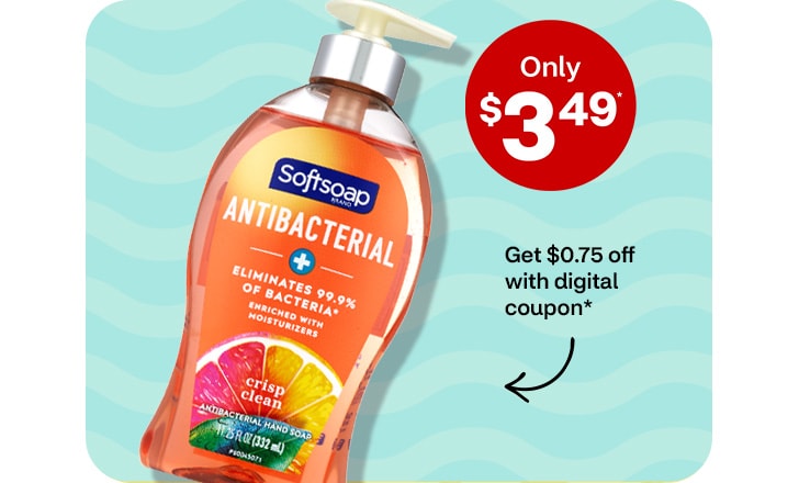 Only $3.49. Get $.75 off with digital coupon. Softsoap Antibacterial hand soap