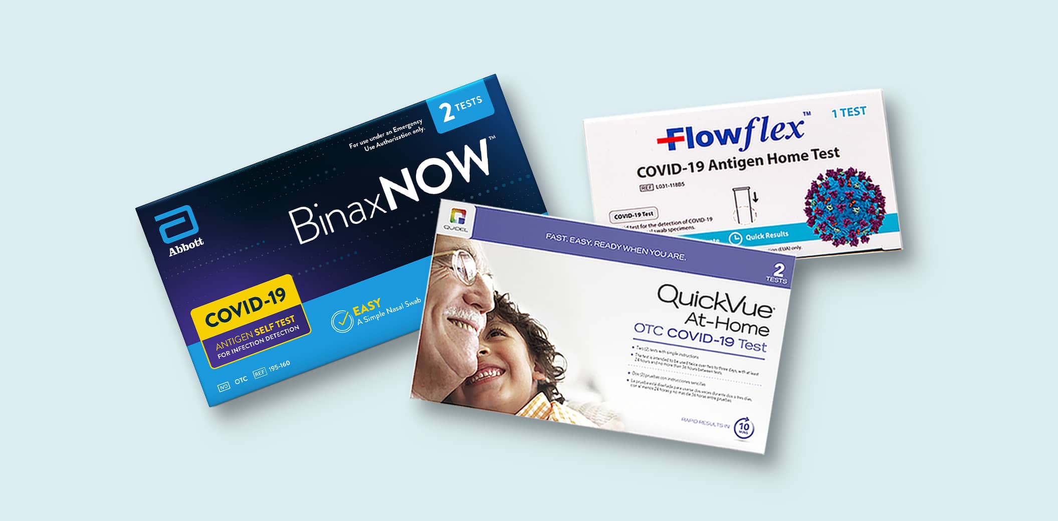 Kits de pruebas de COVID-19 para hacerse en casa BinaxNow™, Flowflex™ y QuickVue®