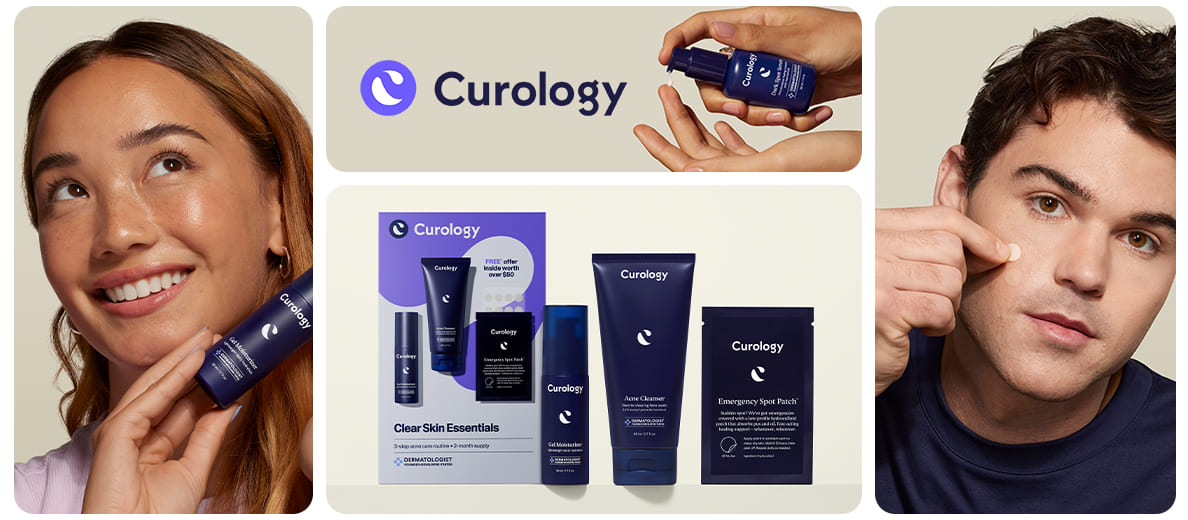 New at CVS®. Curology logo. Curology products including Dark Spot Serum, Cream Moisturizer, Everyday Sunscreen, Gel Moisturizer and Acne Cleanser.