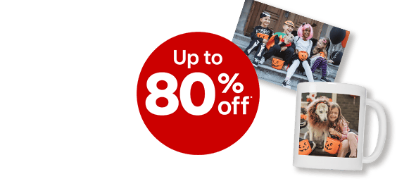 Up to 80 percent off, photo products for Halloween, including canvas print, photo mug and prints.