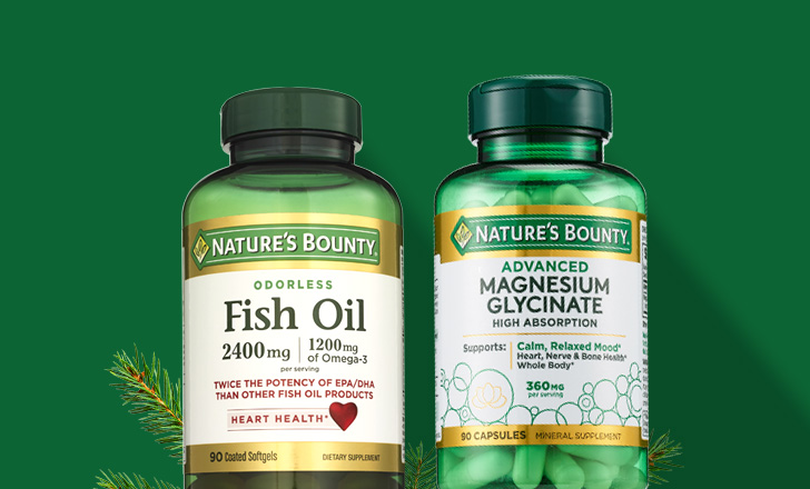 Buy one, get one 50 percent off, Nature's Bounty Fish Oil softgels and Magnesium Glycinate capsules.