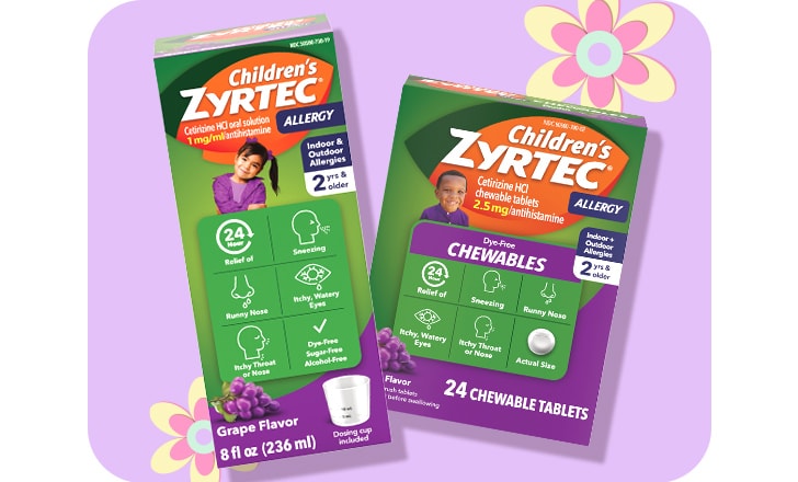 Children's Zyrtec Allergy medicine against a purple background with pastel-colored flowers