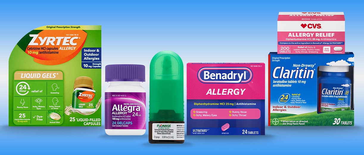 Zyrtec Allergy, Allegra Allergy gelcaps, Flonase and Benadryl Allergy, CVS Allergy Relief and Claritin.
