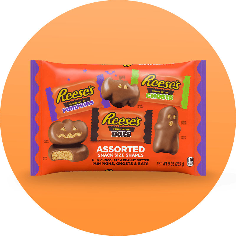 Assorted snack-size Reese's Peanut Butter pumpkins, bats and ghosts