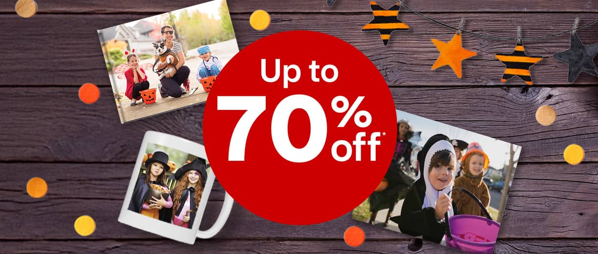 Up to 70 percent off on photo products, including photo book, mug and canvas print, family Halloween photos