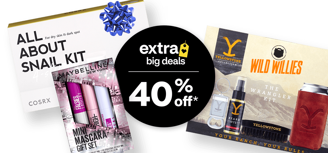 Forty percent off, boxes of COSRX All About Snail Kit, Maybelline Mini Mascara gift set and Yellowstone The Wrangler Kit