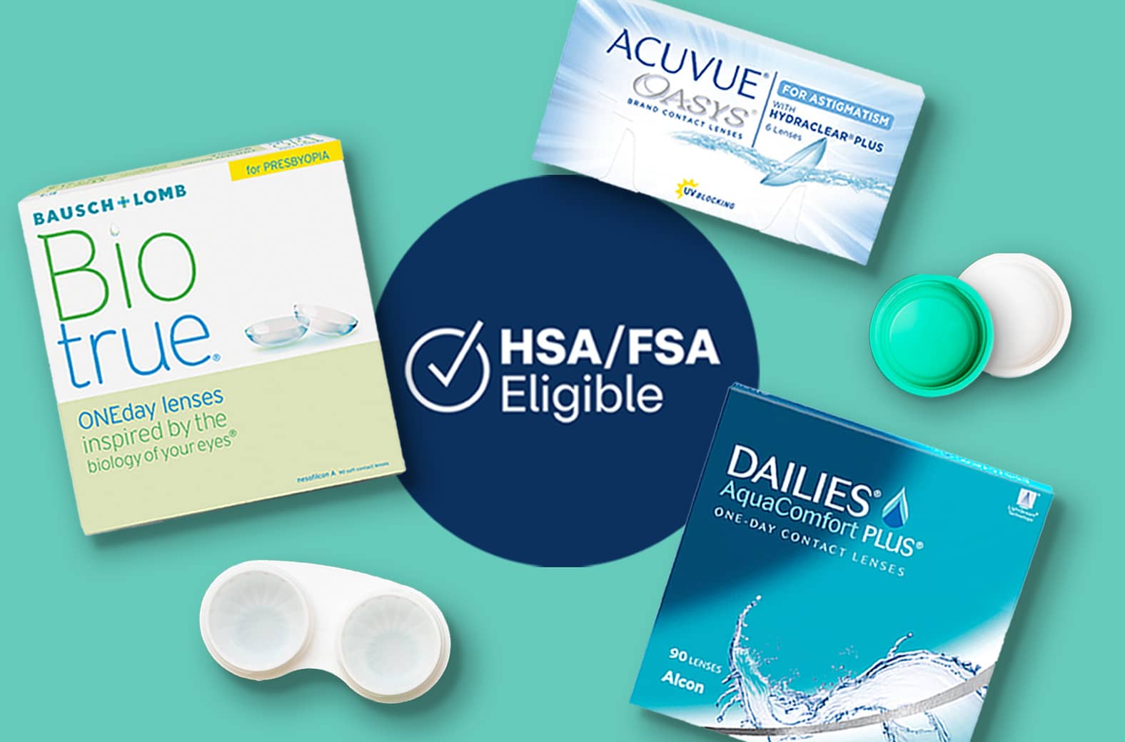 Dailies, Acuvue Oasys and Biotrue contacts, HSA/FSA eligible logo