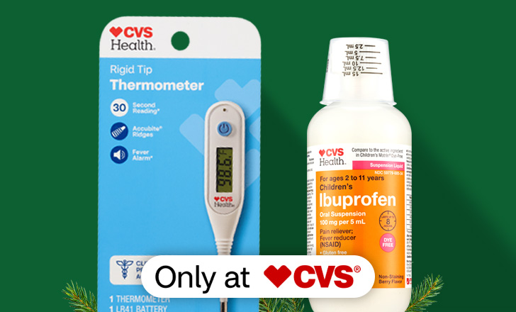 buy one, get one 50 percent off, CVS Health thermometer and Children's Ibuprofen liquid, only at CVS.
