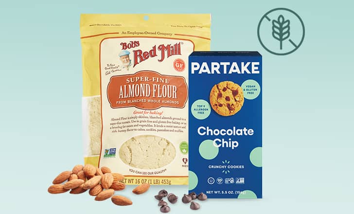 Bob's Red Mill Almond Flour, Partake Chocolate Chip cookies, gluten-free foods icon