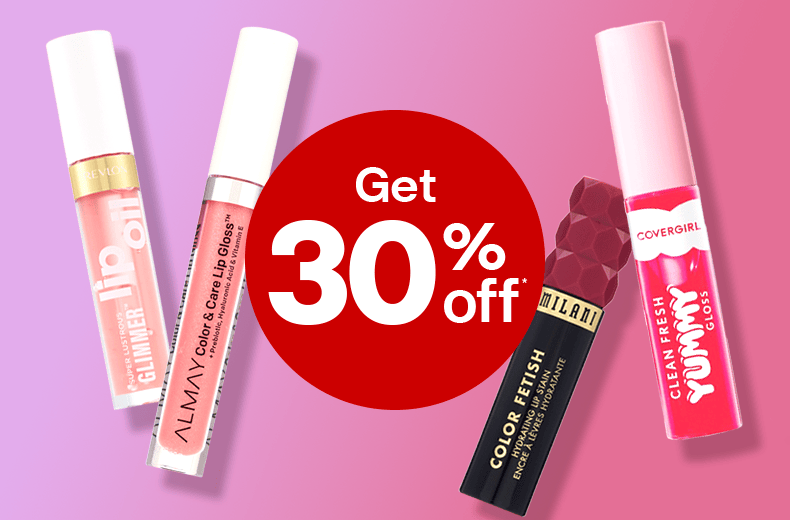 Get 30 percent off, Revlon Glimmer lip oil, Almay lip gloss, Milani Color Fetish lip stain and CoverGirl Yummy gloss