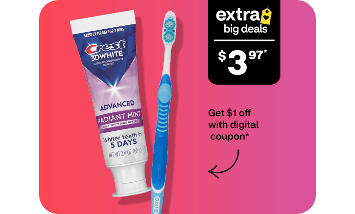 $3.97, get $1 off with digital coupon, Crest 3D White toothpaste and Oral-B toothbrush