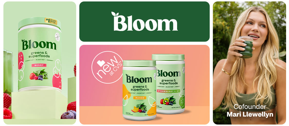 Bloom logo. Containers of Bloom Greens and Superfoods Berry, Mango, and Strawberry Kiwi products. Bloom Cofounder Mari Llewellyn sipping from a glass.