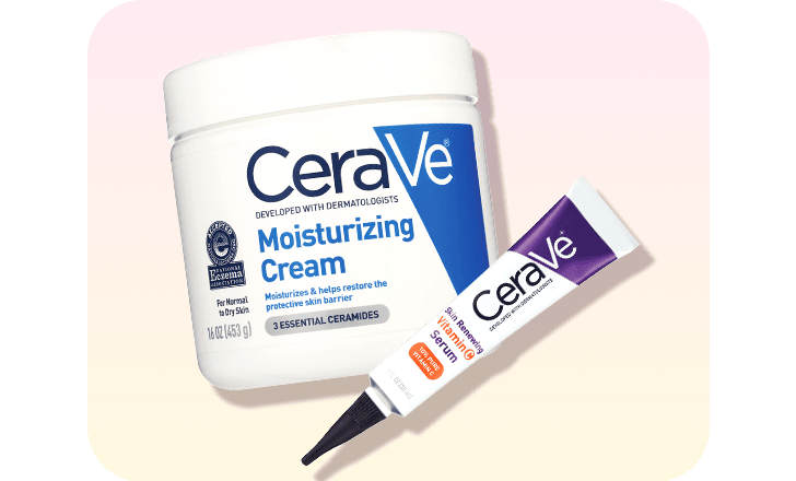 A tub of CeraVe Moisurizing Cream and a tube of CeraVe vitamin C serum.