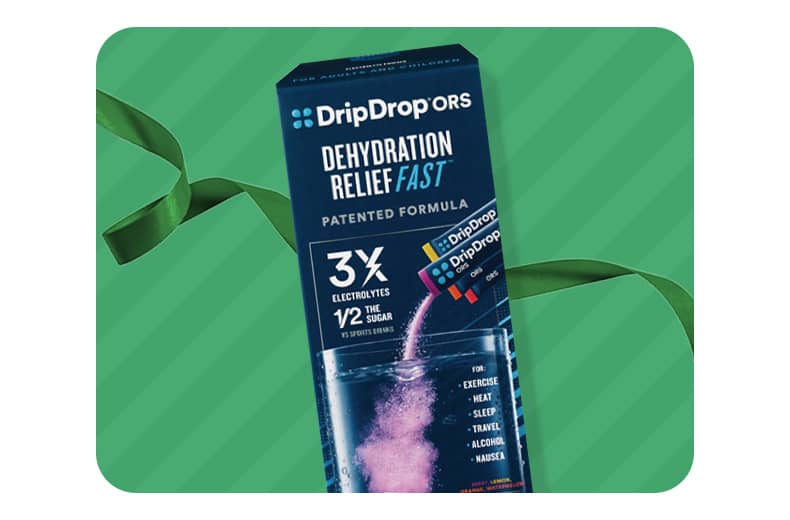 A box of DripDrop Dehydration Relief product