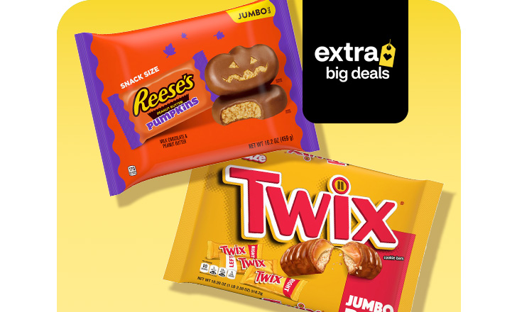 Reese's Pumpkin snack size and Twix Jumbo candy.