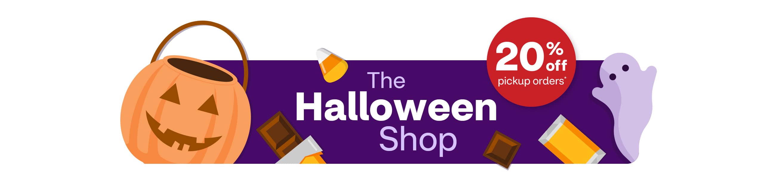 The Halloween Shop, illustrations of a jack-o'-lantern, candy and a ghost