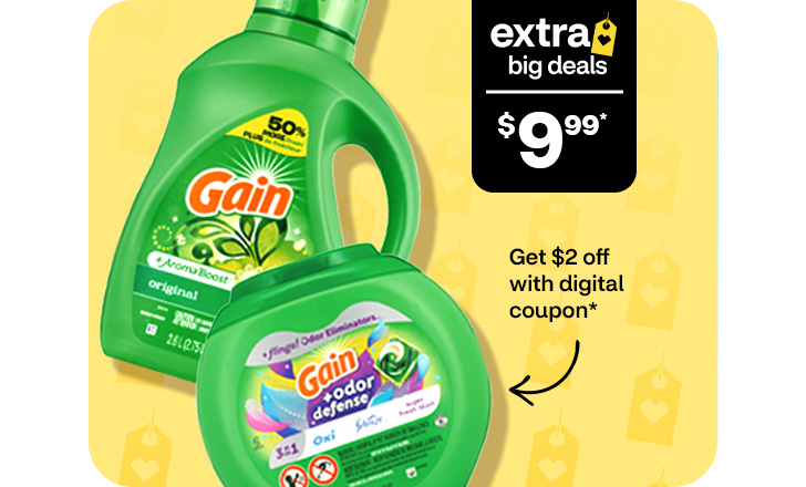 Extra Big Deals. $9.99. Pague $2 menos con un cupón digital. Gain Original and Gain Odor Defense detergents.