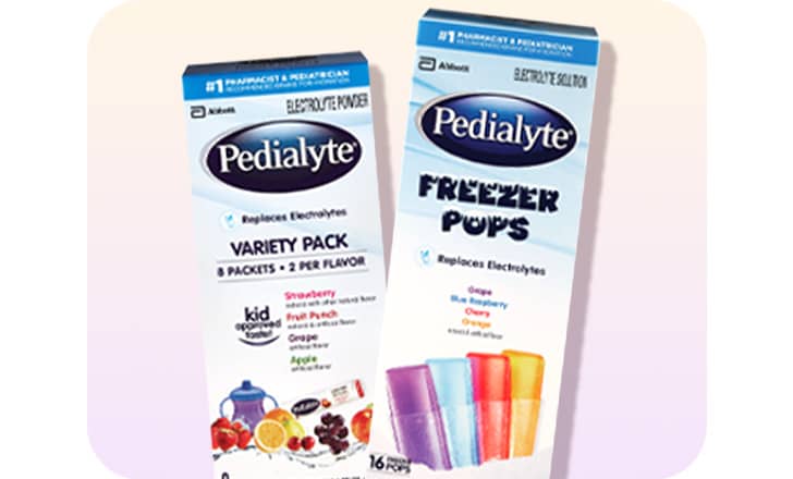 Boxes of Pedialyte electrolyte drink packets and Freezer Pops