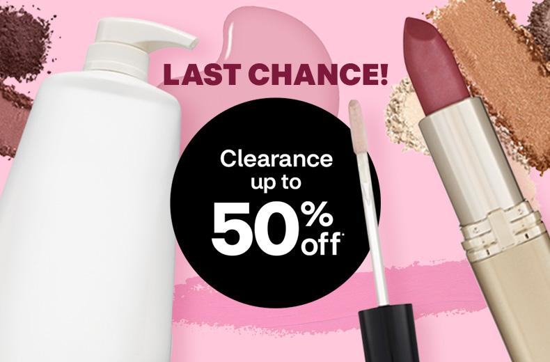 Last chance! Clearance up to 75% off. Cosmetics on a pink background. A lotion bottle, open lipstick, eyeshadow and lip gloss applicator.