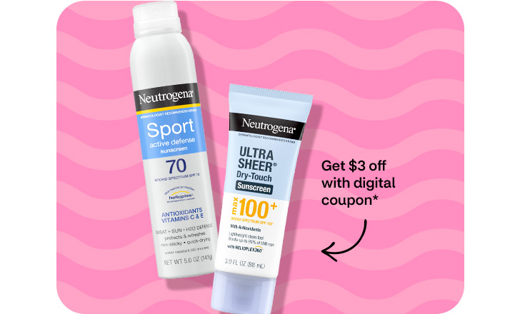 Pague $3 menos con un cupón digital. Neutrogena Sport and Ultra Sheer sunscreen.
