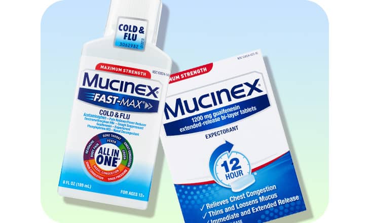 A bottle of Mucinex Fast-Max cold and flu liquid and a box of Mucinex 12 hour expectorant tablets.