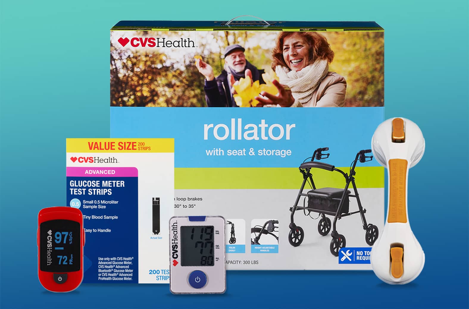 CVS Health thermometer, glucose meter test strips, glucose meter, and rollator.
