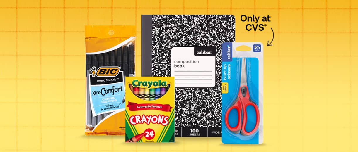 Bic ballpoint pens, Crayola crayons, Caliber notebook and scissors, only at CVS.