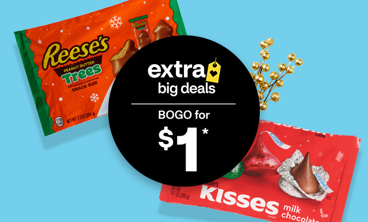 Buy one, get one for $1, Reese's peanut butter trees and Hershey's Kisses candy