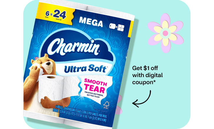 Get $1 off with digital coupon. Charmin Ultra Soft toilet paper against a pastel green background with pastel-colored flowers