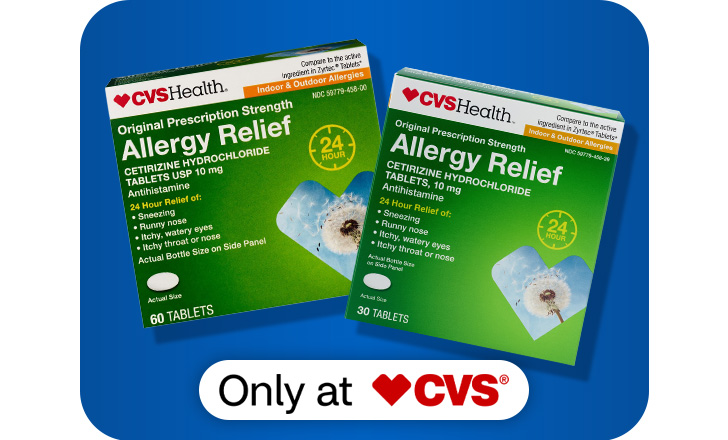 Only at CVS. CVS Health Allergy Relief in 60 and 30 tablets.