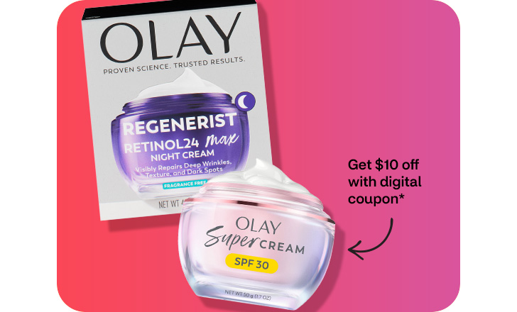 Get $10 off with digital coupon. Olay Regenerist Retinol 24 MAX Night Face Moisturizer and Super Cream Facial Moisturizer with SPF 30