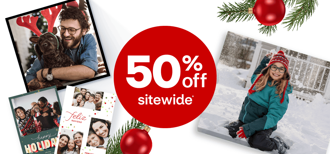 Fifty percent off sitewide, a framed print, holiday cards and a canvas print with photos of holiday scenes.